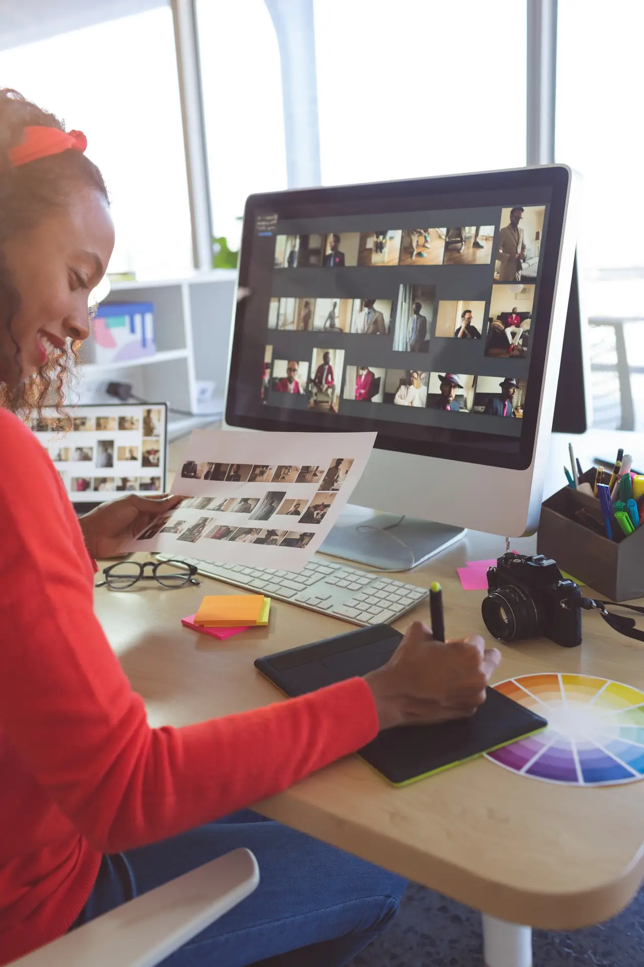 Female graphic designer working at desk in a modern office