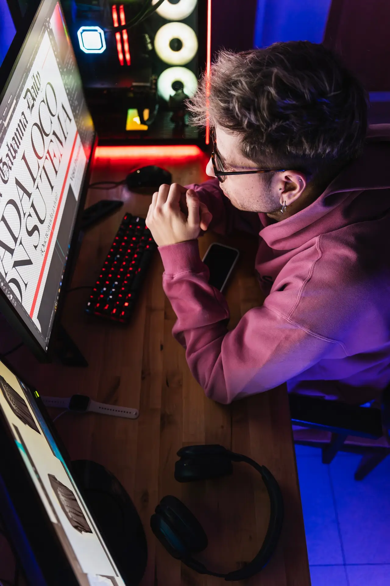 Graphic designer thinking about ideas in his room for the poster he has to design