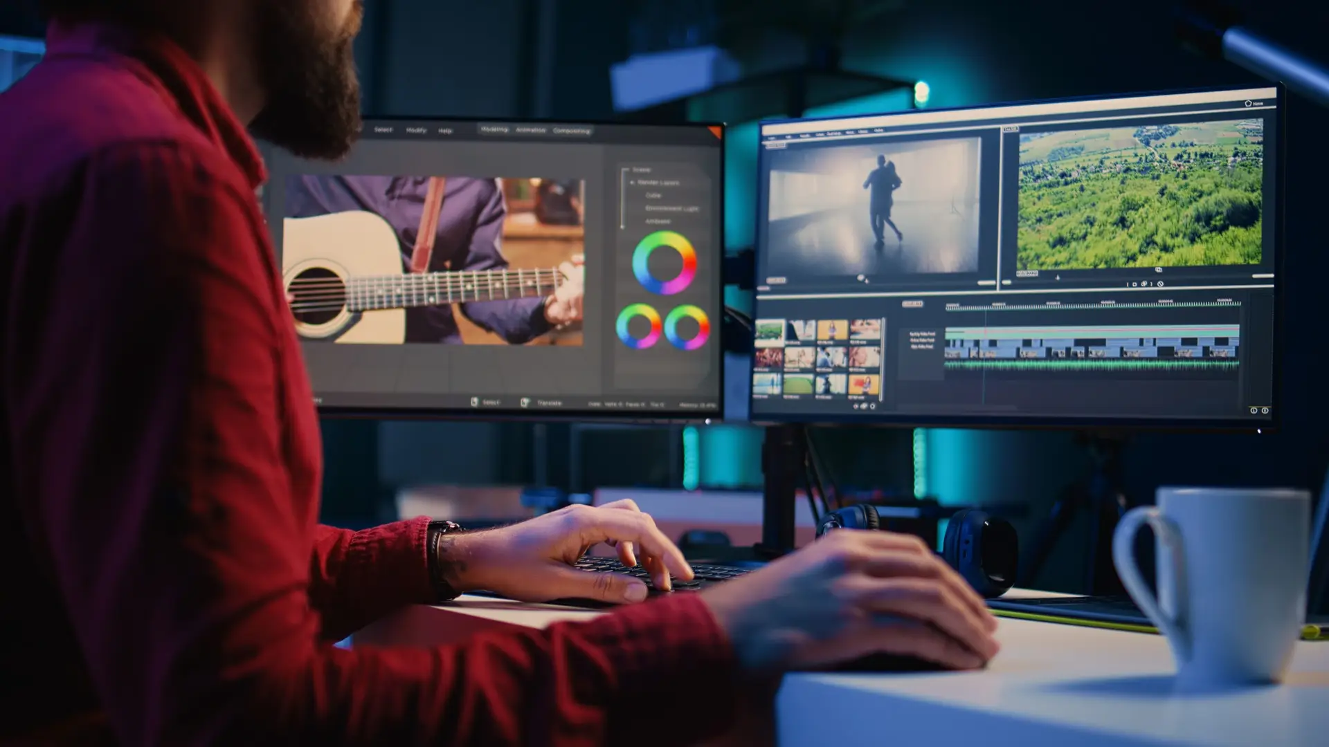Video editor inputting music, dialogues, graphics and effects over raw footage
